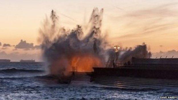 Picture taken at the seafront in Cleethorpes, date 06/12/2013 09:15. Waves hit (smash against) the seafront at Cleethorpes, during stormy weather