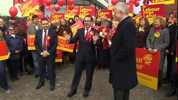 Owen Smith (centre) and Carwyn Jones (right) launch Labour's Welsh campaign