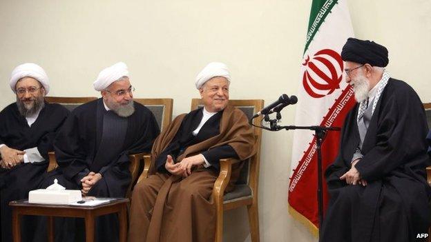 Iran's Supreme Leader Ayatollah Ali Khamenei (R) speaks to (L to R) judiciary chief Sadeq Larijani, Iranian President Hassan Rouhani and former president Akbar Hashemi Rafsanjani (12 March 2015)