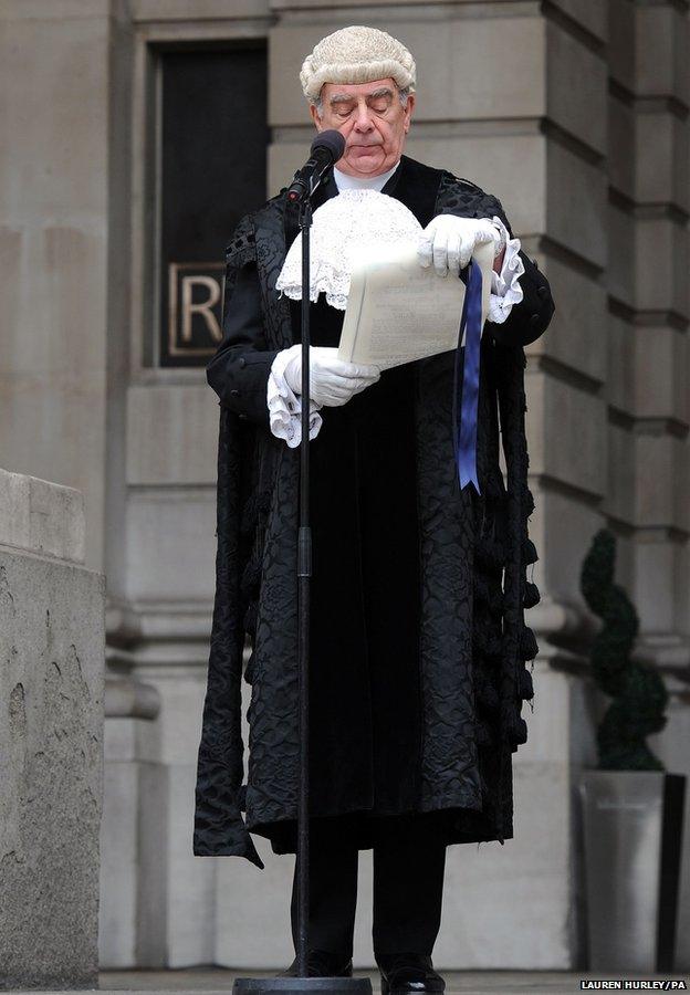 Colonel Geoffrey Godbold, Common Cryer and Sergeant-At-Arms reads the proclamation of the dissolution of the present Parliament