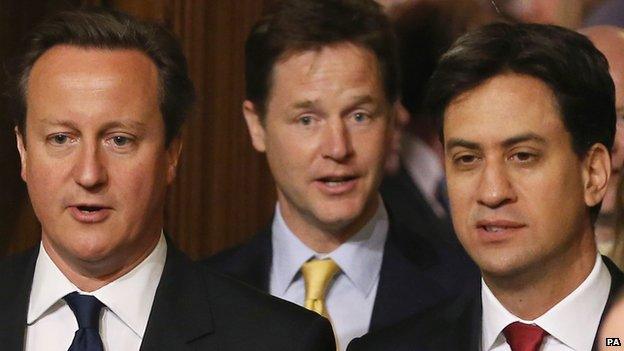 From left, Prime Minister David Cameron, Deputy Prime Minister Nick Clegg and Labour leader Ed Miliband