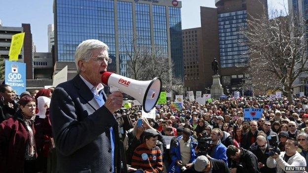 Democratic Indiana State Representative Ed Delaney speaks to demonstrators