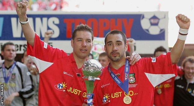 Darren Ferguson (L) and Juan Ugarte (R) celebrate Wrexham's LDV Vans Trophy final win against Southend United at the Millennium Stadium in Cardiff in 2005.