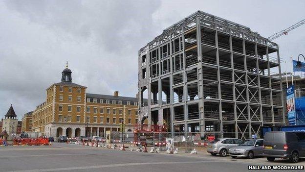 Building in progress on a new inn for Poundbury