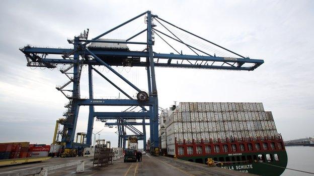 A crane along the quay side at Tilbury Docks in Essex