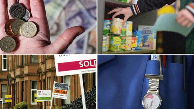 Money, food bank, for sale signs and NHS worker