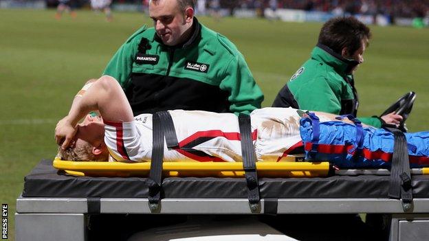 Stuart Olding is stretchered off with a knee injury at the start of Ulster's game against Cardiff Blues at Kingspan Stadium.