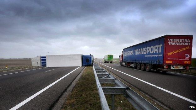 Lorry blown over near Harlingen in Friesland, Netherlands