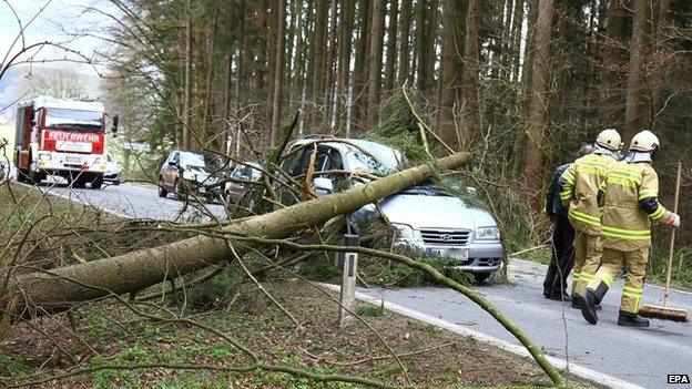 Falling tree blocks road in Michaelbeuern near Salzburg