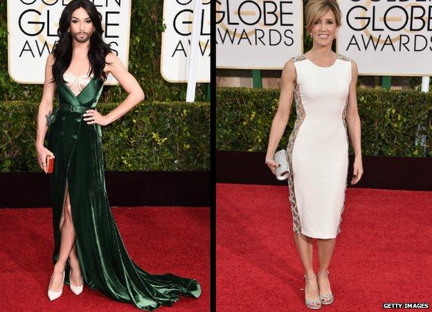 Conchita Wurst and Felicity Huffman at the 2015 Golden Globes