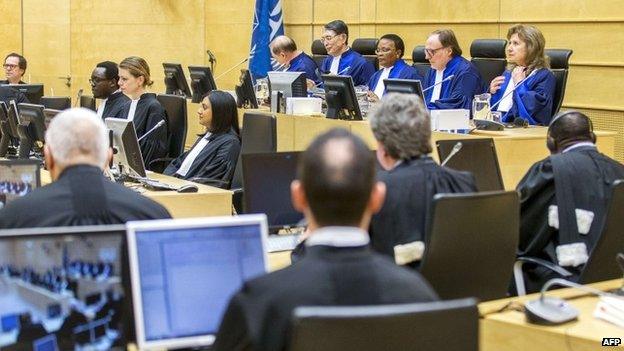 Judges and lawyers attend a trial at the International Criminal Court (ICC) at The Hague (27 February 2015)