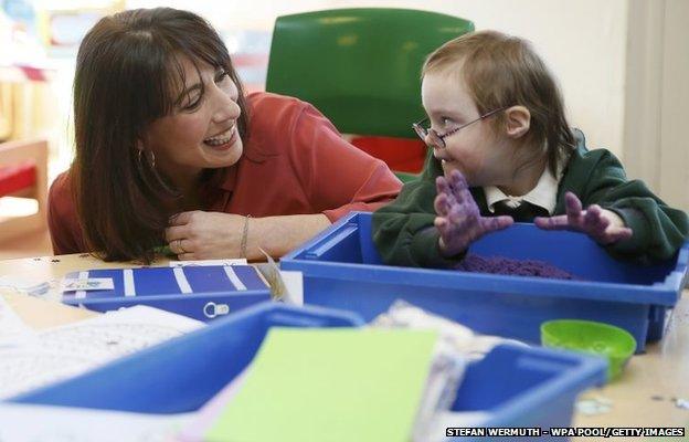 Samantha Cameron, wife of British Prime Minister and leader of the Conservative Party David Cameron, meets Jessica at the Abbey Court School