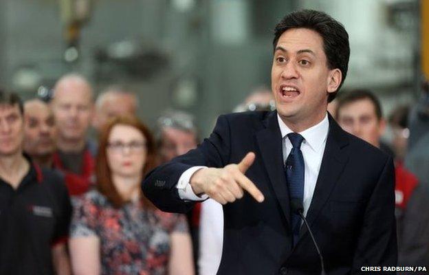 Ed Miliband gestures during a question and answer session during a general election visit at engineering company David Brown Gear Systems in Huddersfield