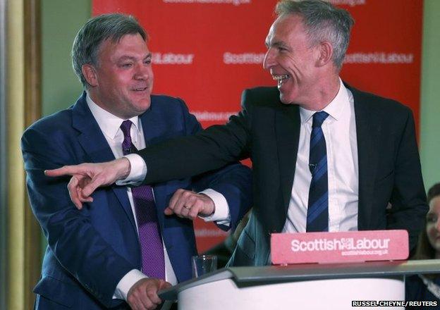 Britain's opposition Labour Party's Shadow Chancellor Ed Balls (left) attends an event with the Scottish Labour Party"s leader Jim Murphy in Glasgow, Scotland