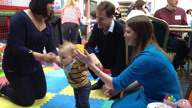 Nick Clegg and Jo Swinson at a soft play centre in East Dunbartonshire