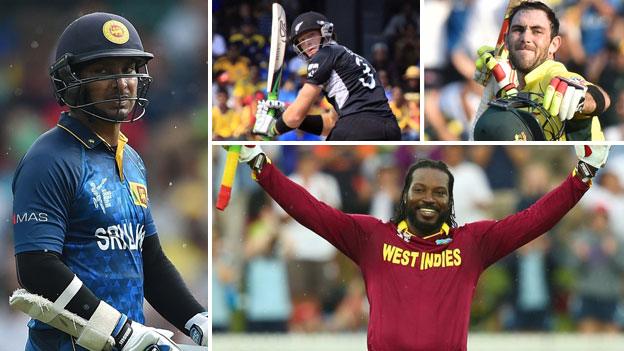 Kumar Sangakkara (left), Martin Guptill (Top centre), Glenn Maxwell (top right), Chris Gayle (bottom right)