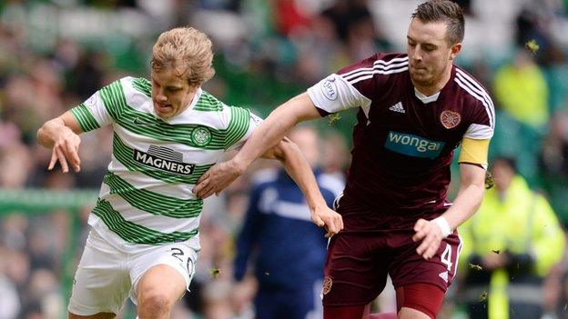 Celtic are monitoring Hearts captain Danny Wilson (right)