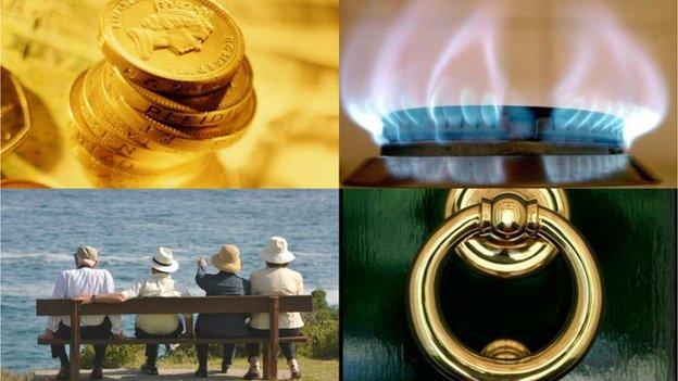 Collage: Pound coins, a gas hob, pensioners sitting on a bench looking at the sea, and a shiny golden doorknob against a green door