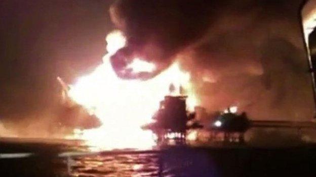 Abkatun A-Permanente platform on the Gulf of Mexico"s Campeche Sound on fire on April 1, 2015.