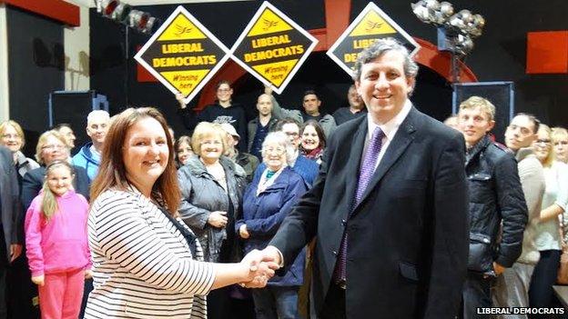 Local Lib Dem chair Samantha Deakin with new candidate Phil Smith