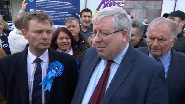 Craig Mackinlay, Patrick McLoughlin and Sir Roger Gale at Manston Airport