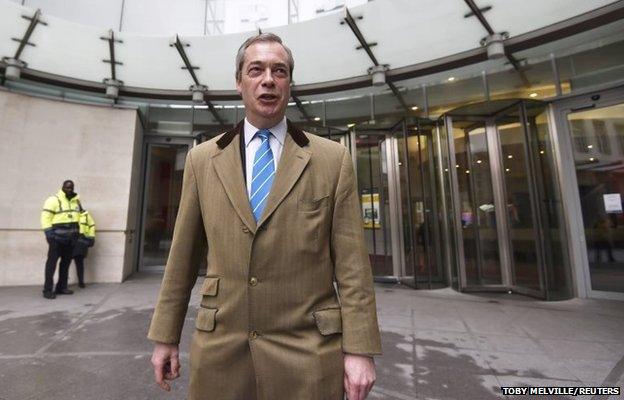 Leader of the UK Independence Party (UKIP), Nigel Farage leaves the BBC