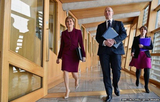 First Minister Nicola Sturgeon and Deputy First Minister John Swinney attend First Ministers Questions at the Scottish Parliament in Edinburgh, Scotland.