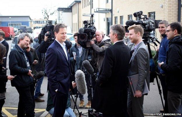 Liberal Democrat leader Nick Clegg speaks to the media after visiting to the Millie's Trust charity in Cheadle