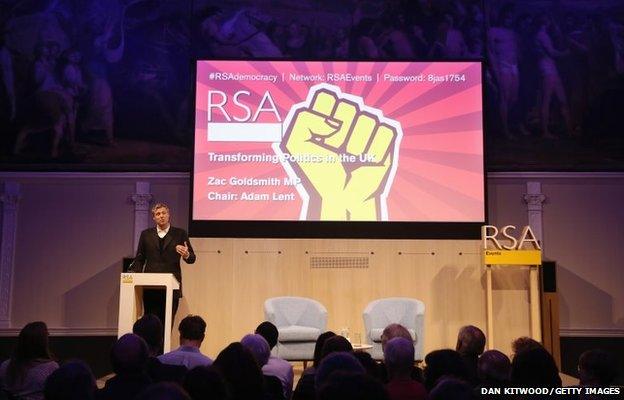 Zac Goldsmith, Conservative parliamentary candidate for Richmond Park and North Kingston speaks on transforming politics in the UK at the RSA (Royal Society of Arts)