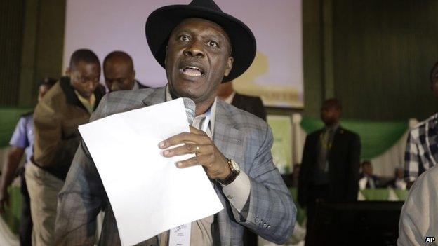 Godsday Orubebe, People"s Democratic Party agent, disrupts the announcing of election results accusing the Commission chairman Attahiru Jega, of being bias in Abuja