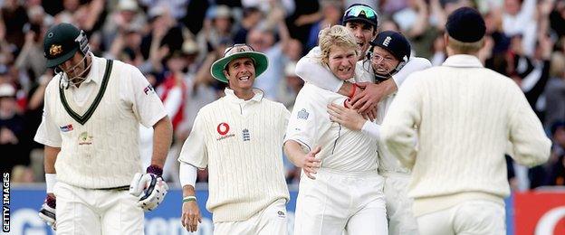 Matthew Hoggard celebrates the dismissal of Matthew Hayden