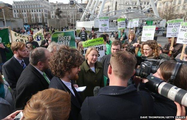 Green Party leader Natalie Bennett meets supporters and media in Piccadilly Gardens as she arrives in Manchester ahead of the TV debate