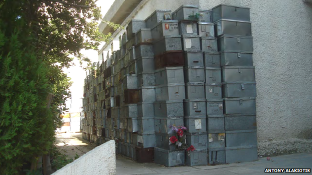 Some of the tin containers used to store remains