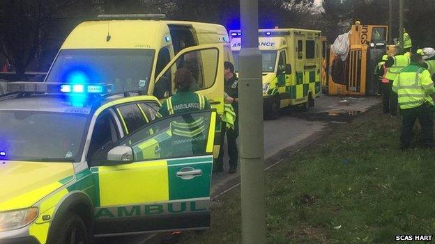 Emergency services at overturned truck