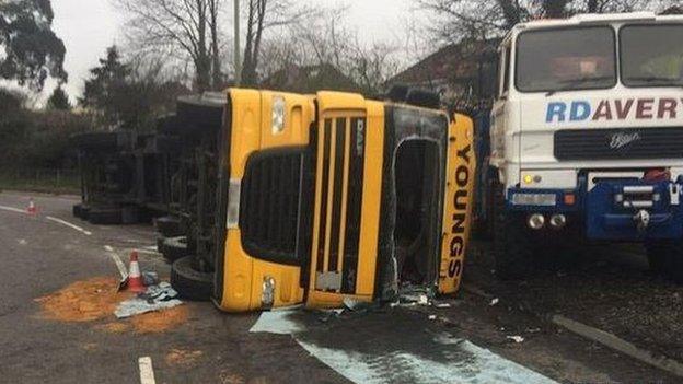 Overturned truck on Rushington roundabout