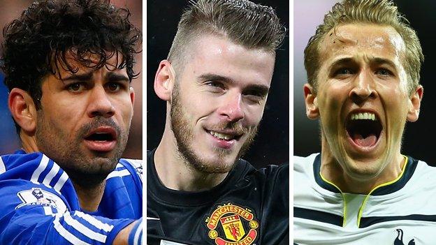 Chelsea striker Diego Costa, Man Utd goalkeeper David De Gea and Tottenham striker Harry Kane