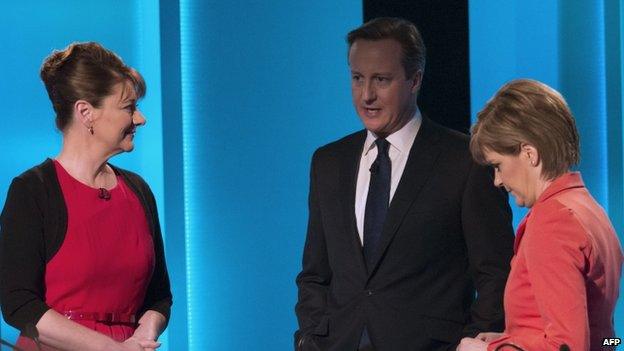 David Cameron talks to Leanne Wood and Nicola Sturgeon before the debate