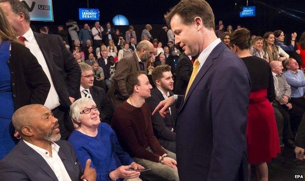 Nick Clegg and Leanne Wood talking to the audience after the debate