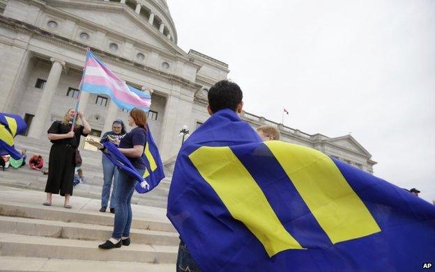 Demonstrators on the steps of the Arkansas state capitol