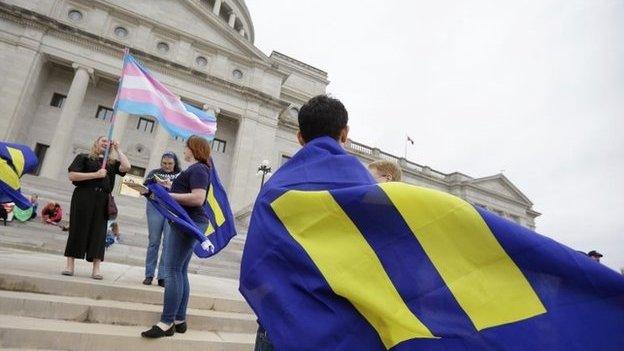 Demonstrators on the steps of the Arkansas state capitol