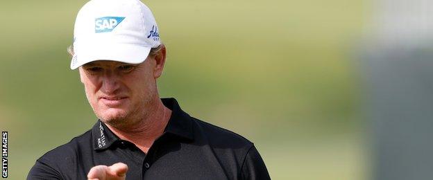 Ernie Els of South Africa prepares to take his shot on the 17th hole during round two of the Northern Trust Open in 2015