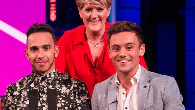 (l-r) Lewis Hamilton, Clare Balding and Tom Daley