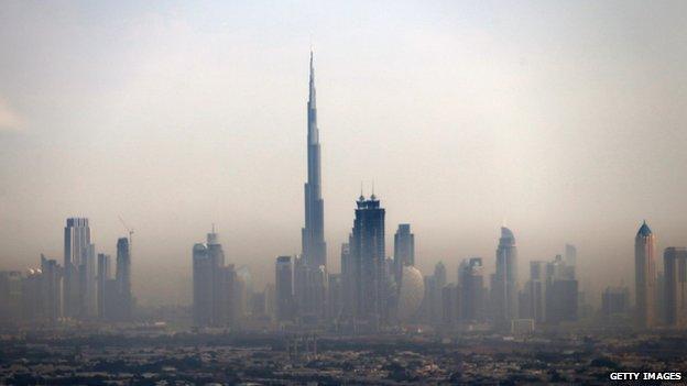 The Burj Khalifa against a cityscape