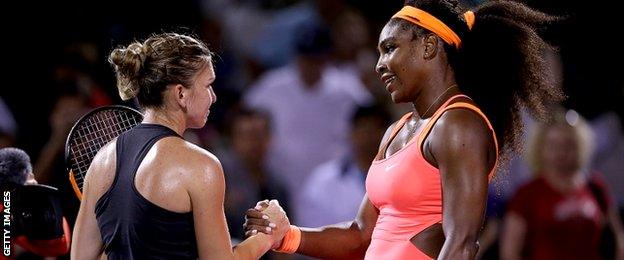 Simona Halep of Romania congratulates Serena Williams