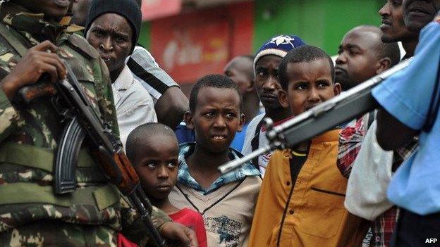 Security officers in Eastleigh, a mainly Somali district of Nairobi in Kenya