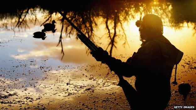 A duck hunter waiting, gun poised, in a lake