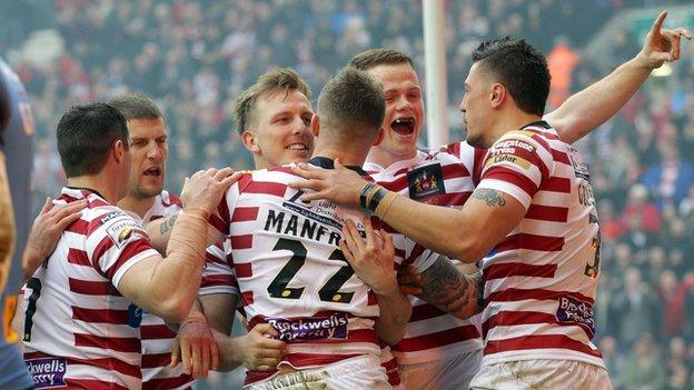 Wigan celebrate their victory over St Helens