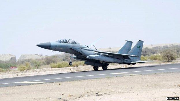 A jet takes off to participate in the Saudi-led air strikes on Yemen