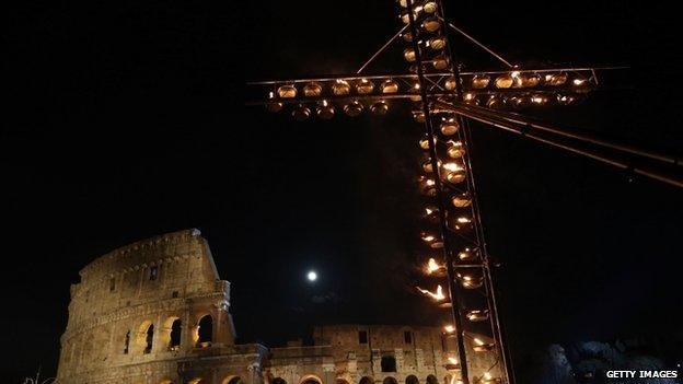 A general view of the atmosphere as Pope Francis leads the Way of The Cross at the Colosseum on April 3, 2015 in Rome, Italy