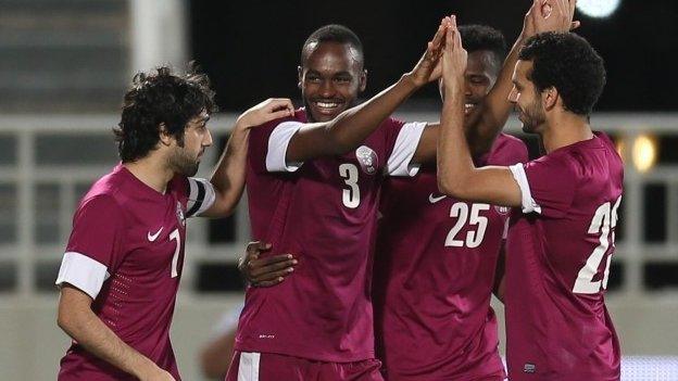 Qatar celebrate scoring in the recent friendly win over Slovenia